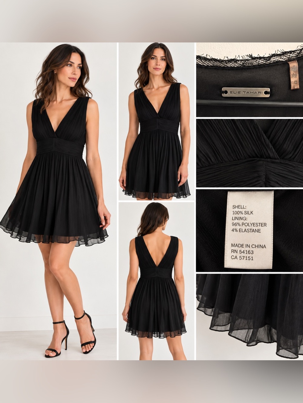 Elie Tahari Black 100% Silk Chiffon Ruched V-Neck Cocktail Dress
L